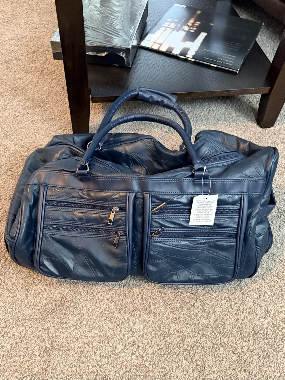 Navy Vintage Patchwork Genuine Leather Travel Carry-On Bag with Multi-Pockets